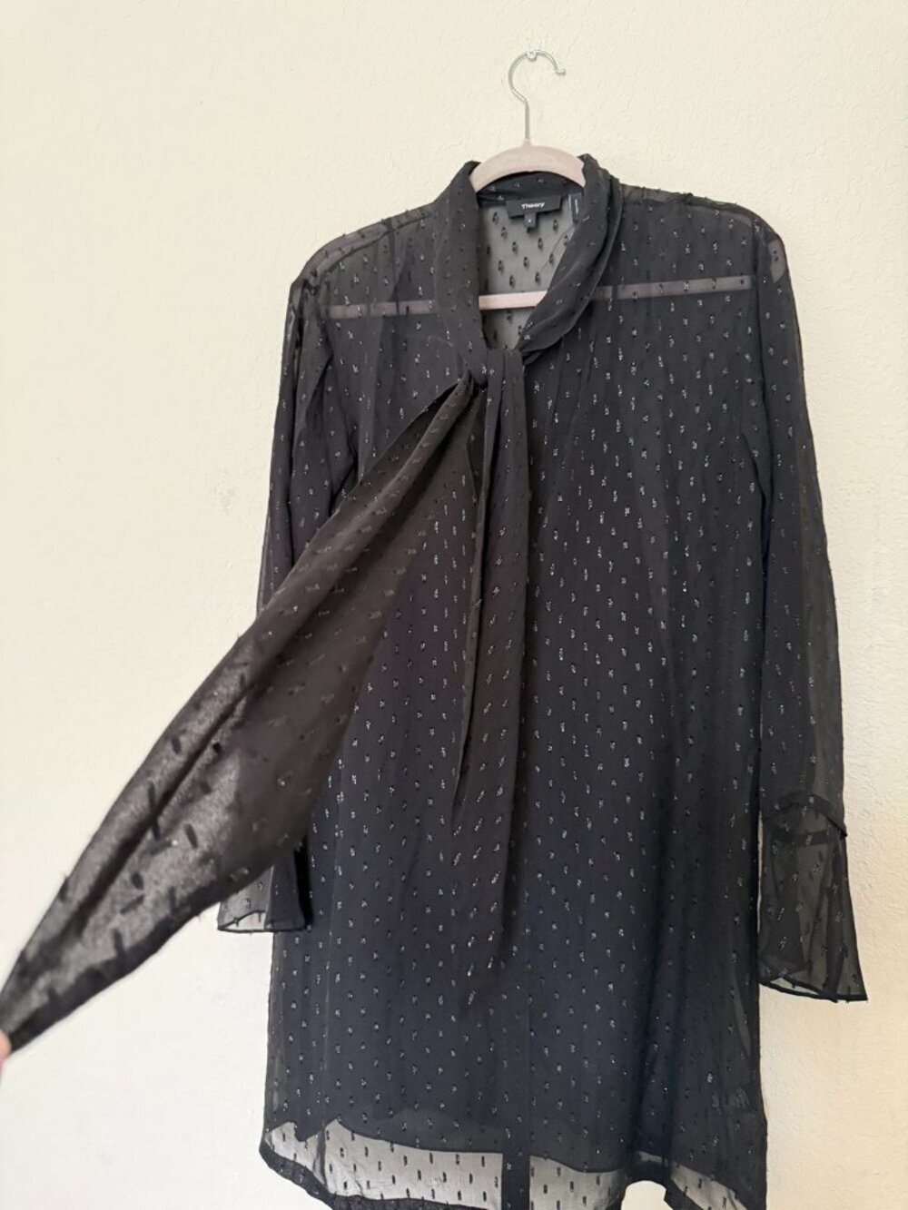 Theory Scarf Metallic Silk Long Sleeves Black Sheer Dress Size 8